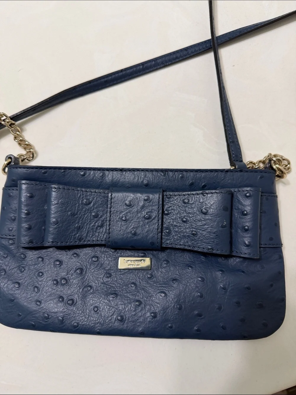 kate spade navy bow ostrich crossbody with gold chain